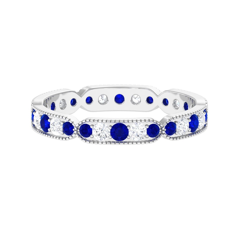 1.25 CT Lab Created Blue Sapphire Milgrain Full Eternity Ring with Diamond