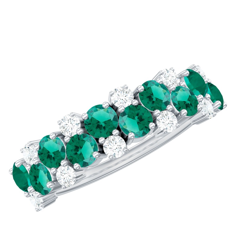 Round Created Emerald and Moissanite Cluster Half Eternity Ring