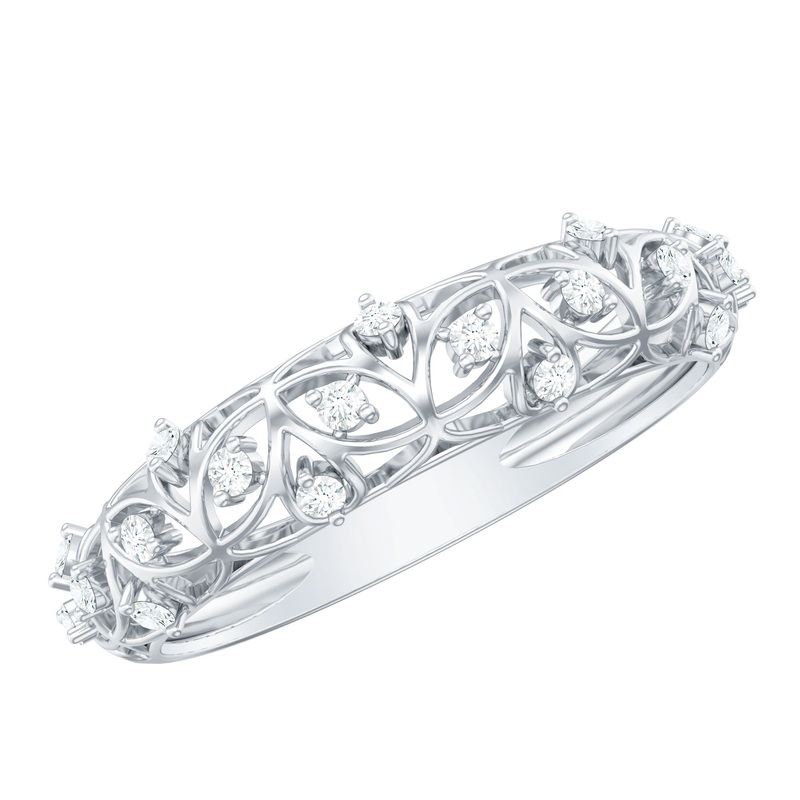 Round Moissanite Semi Eternity Band Ring with Gold Filigree Details