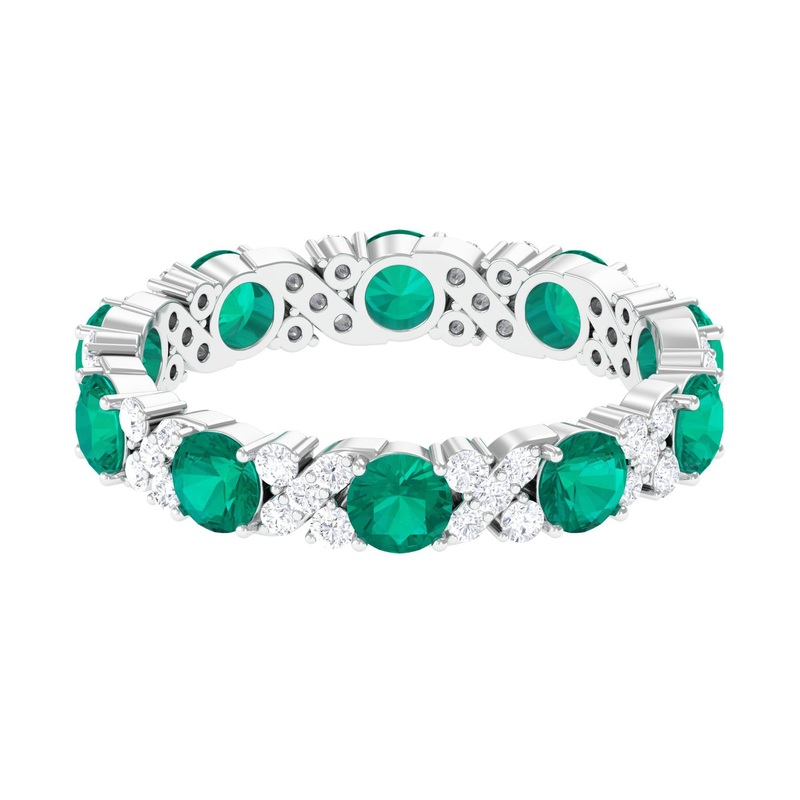 Round Shape Real Emerald Classic Eternity Band Ring with Moissanite