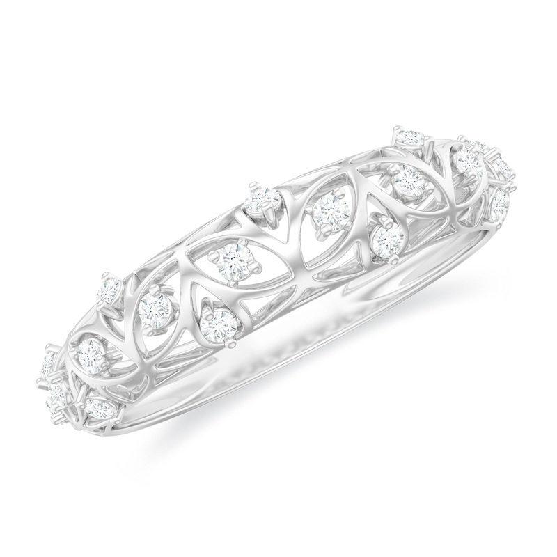 Round Zircon Semi Eternity Band Ring with Gold Filigree Details