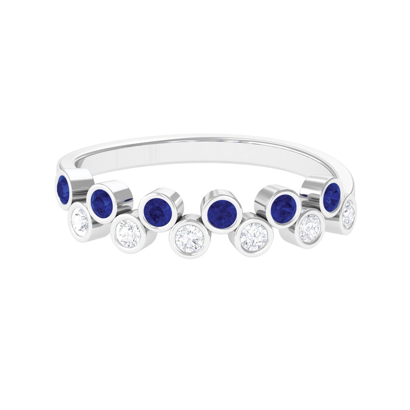 Simple Bezel Set Round Created Blue Sapphire and Moissanite Half Eternity Ring