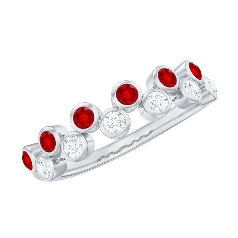 Simple Bezel Set Round Created Ruby and Moissanite Half Eternity Ring