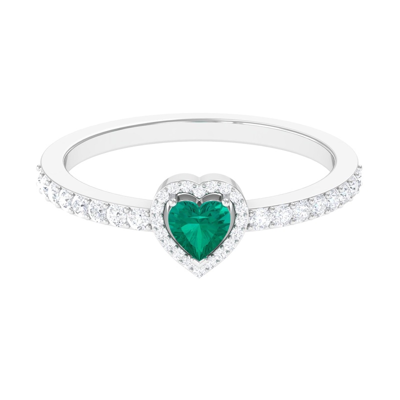 0.75 CT Heart Shape Emerald Engagement Ring with Diamond Halo