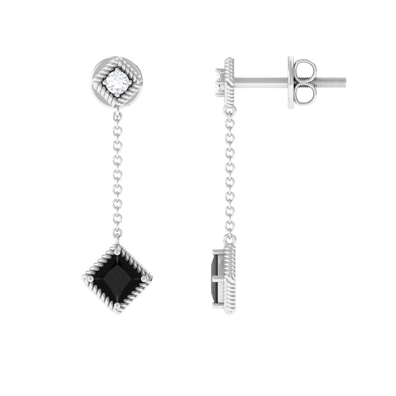 1.25 CT Princess Cut Black Onyx Chain Dangle Earrings with Diamond