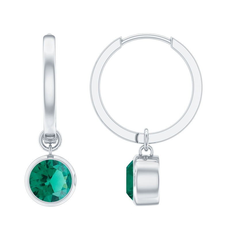1.5 CT Bezel Set Created Emerald and Gold Hinged Hoop Earrings