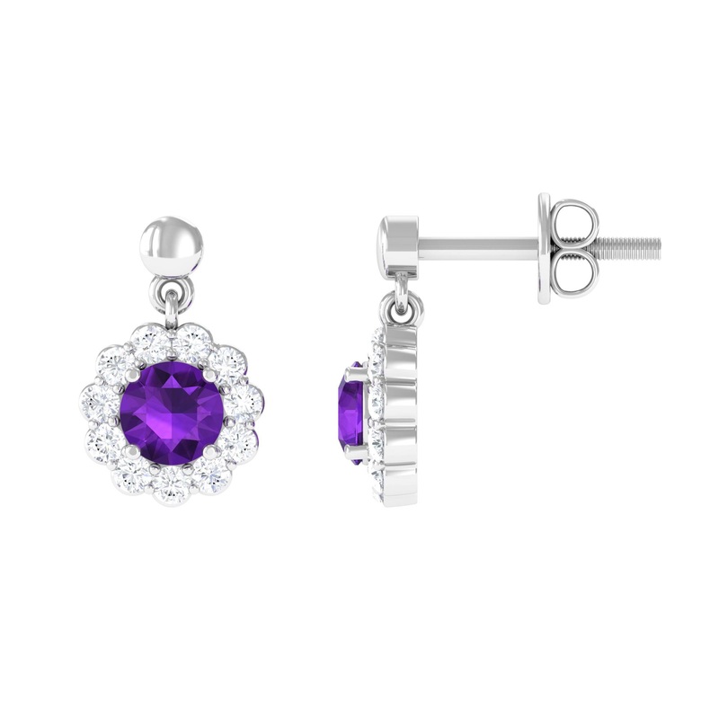 1.5 CT Real Amethyst and Diamond Flower Halo Drop Earrings