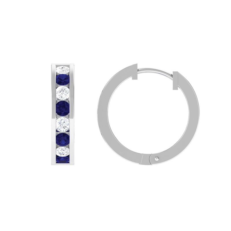 1.50 CT Blue Sapphire Minimal Hoop Earrings with Moissanite