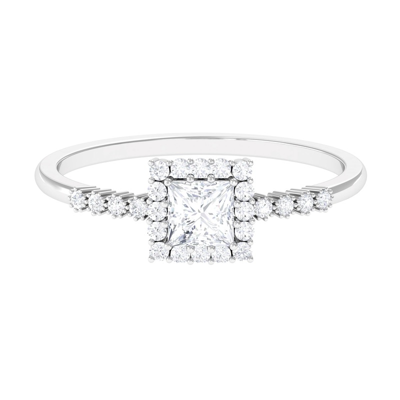 Princess Cut Moissanite Engagement Ring with Halo and Side Stones