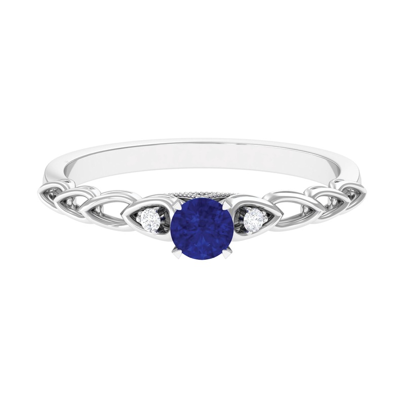 Round Created Blue Sapphire and Diamond Designer Promise Ring