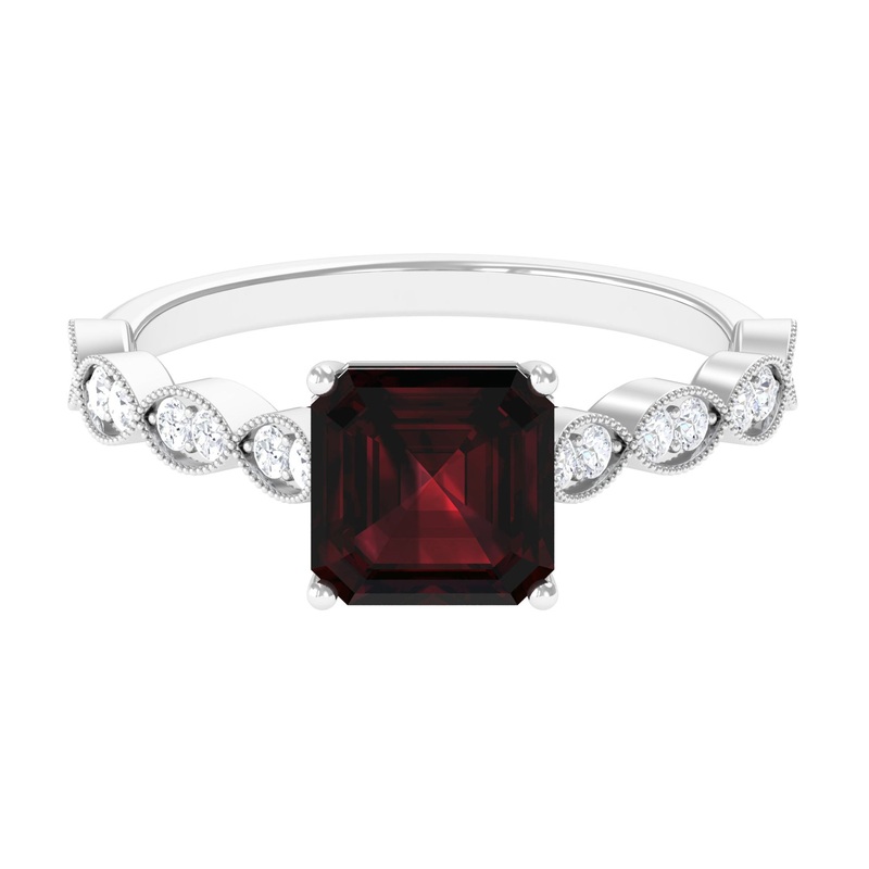 1.5 CT Asscher Cut Garnet Solitaire Engagement Ring with Diamond Side Stones
