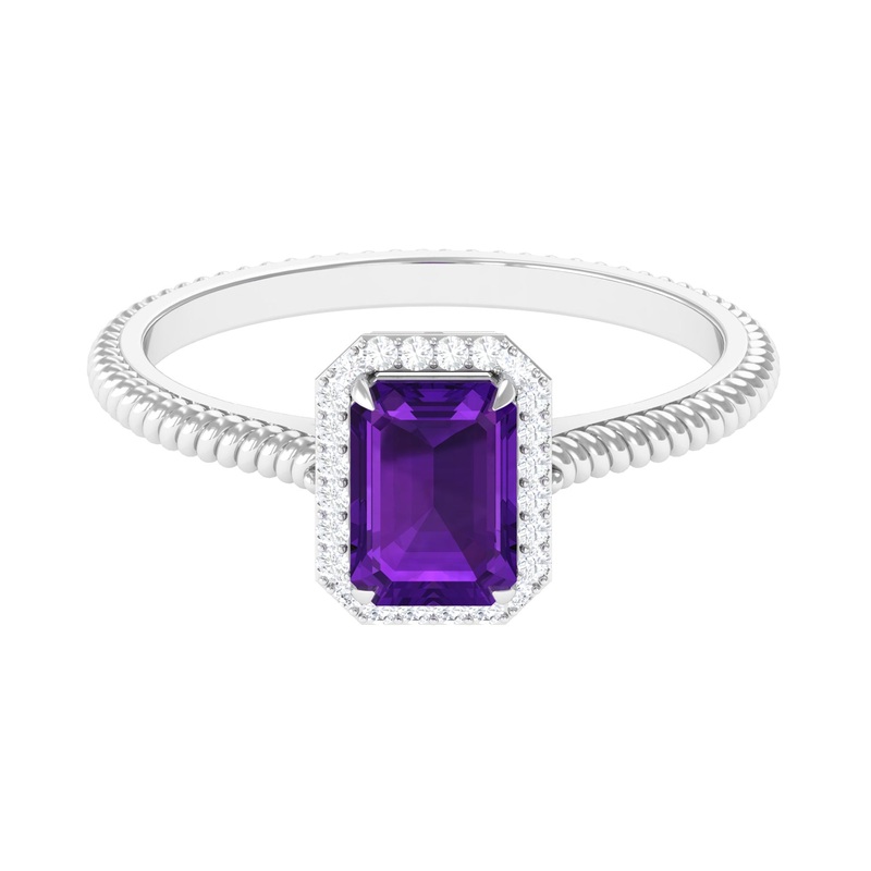 1.5 CT Octagon Cut Amethyst Solitaire Engagement Ring with Diamond Halo