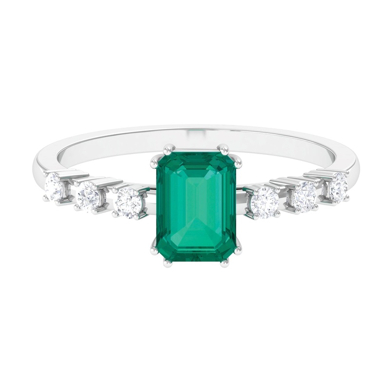 1.5 CT Octagon shape Emerald Engagement Ring with Diamond Side Stones