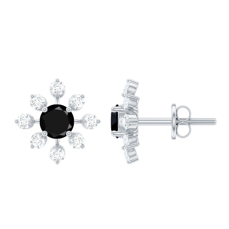 1 CT Black Onyx and Diamond Flower Stud Earrings