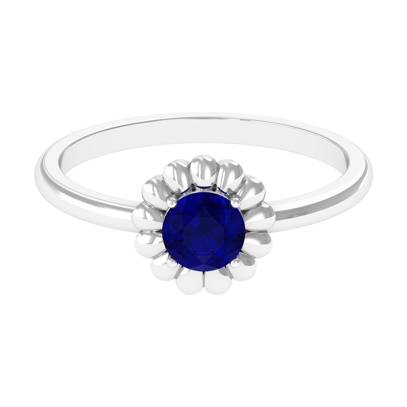 1 CT Round Cut Solitaire Blue Sapphire Gold Flower Ring