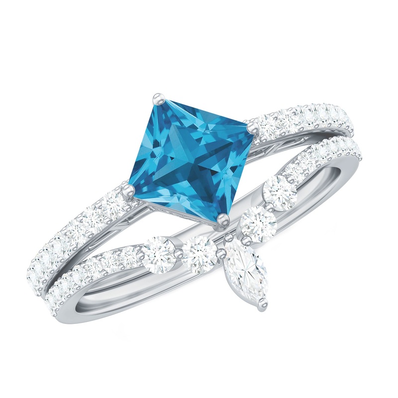 Princess Cut Solitaire Swiss Blue Topaz Designer Ring Set with Moissanite