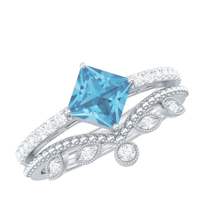 Princess Cut Swiss Blue Topaz Vintage Ring Set with Diamond