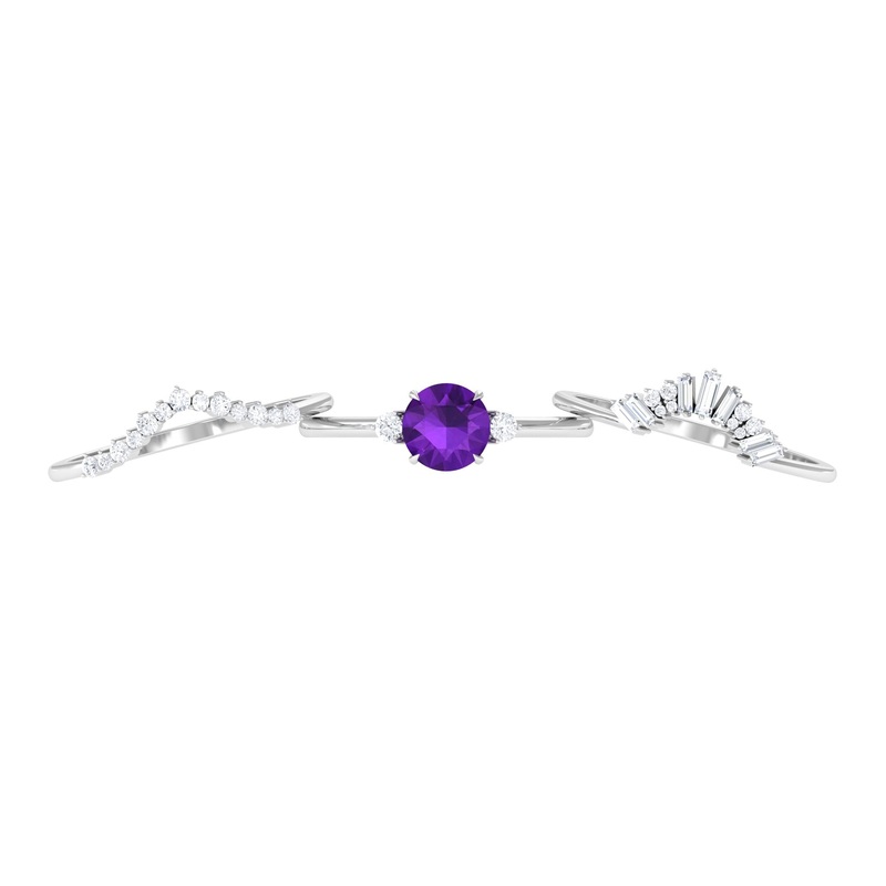 Real Amethyst Designer Trio Wedding Ring Set with Diamond
