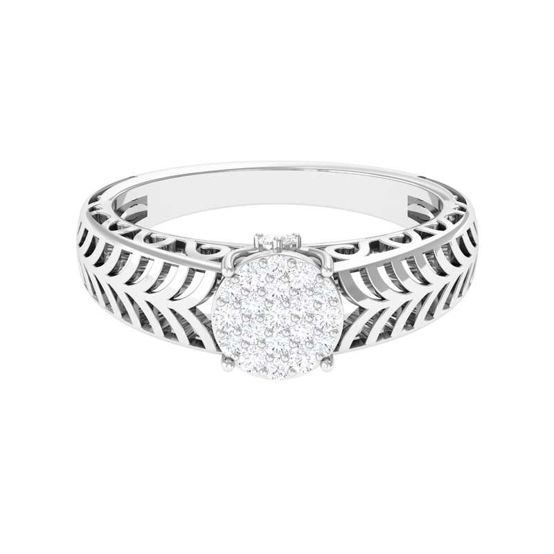 Round Cut Real Diamond Engagement Ring with Gold Filigree Shank