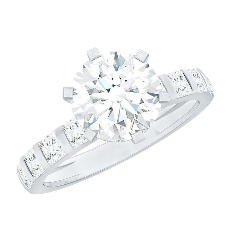 Round Moissanite Solitaire Engagement Ring with Princess Cut Side Stones
