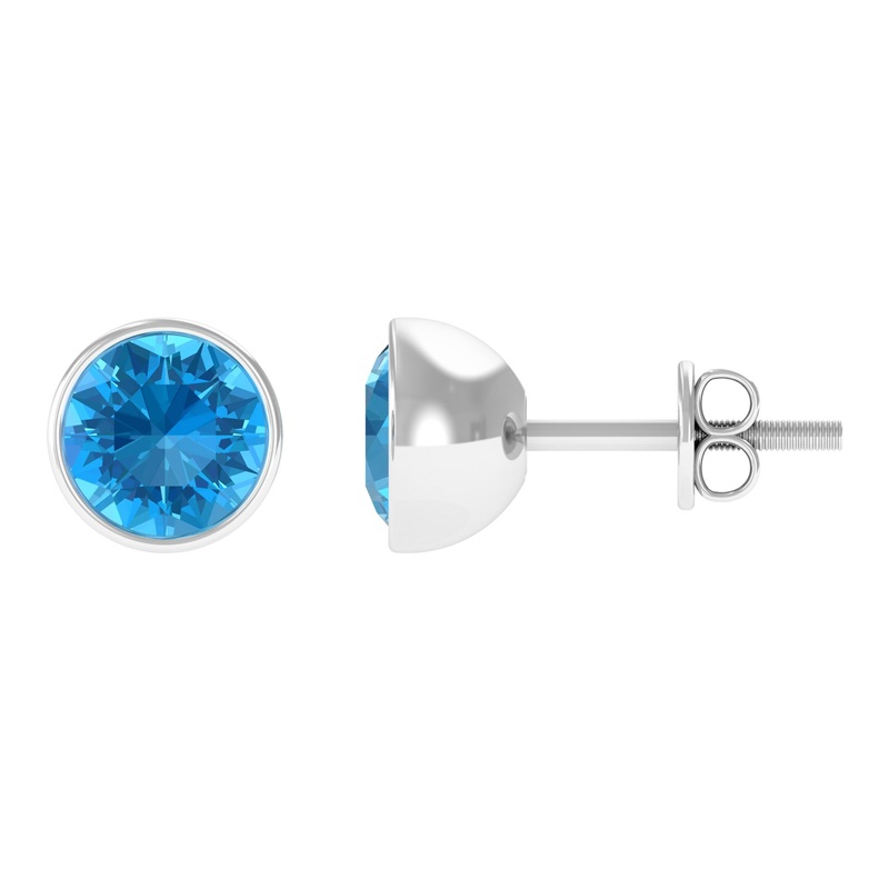 Round Swiss Blue Topaz Solitaire Stud Earrings in Bezel Setting