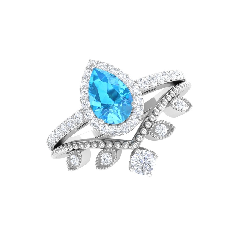 Vintage Inspired Swiss Blue Topaz Teardrop Wedding Ring Set with Diamond