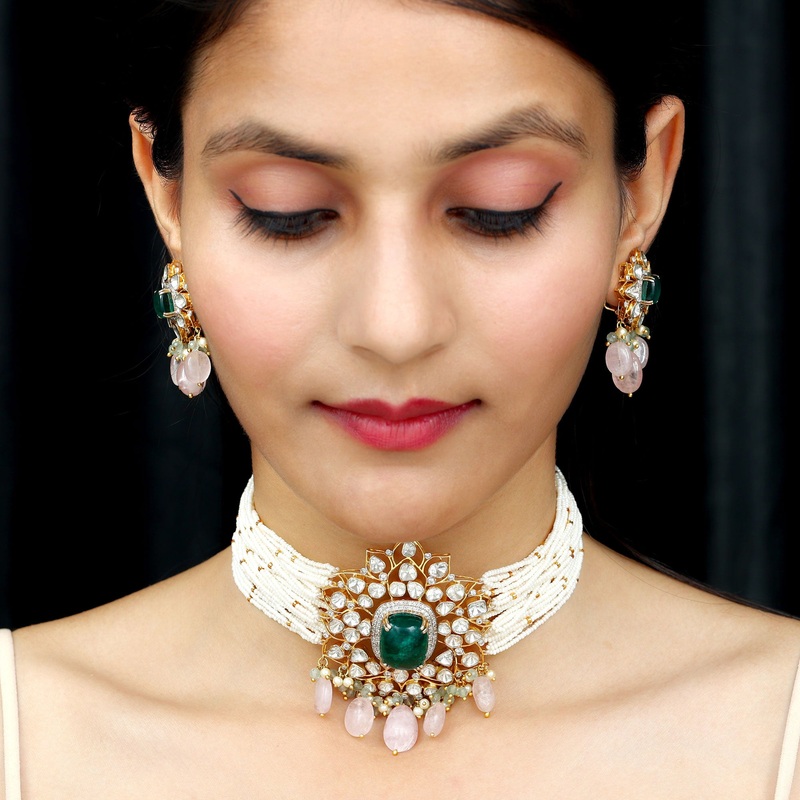 14k Gold Created Emerald Statement Jewelry Set with Polki Diamond and Morganite