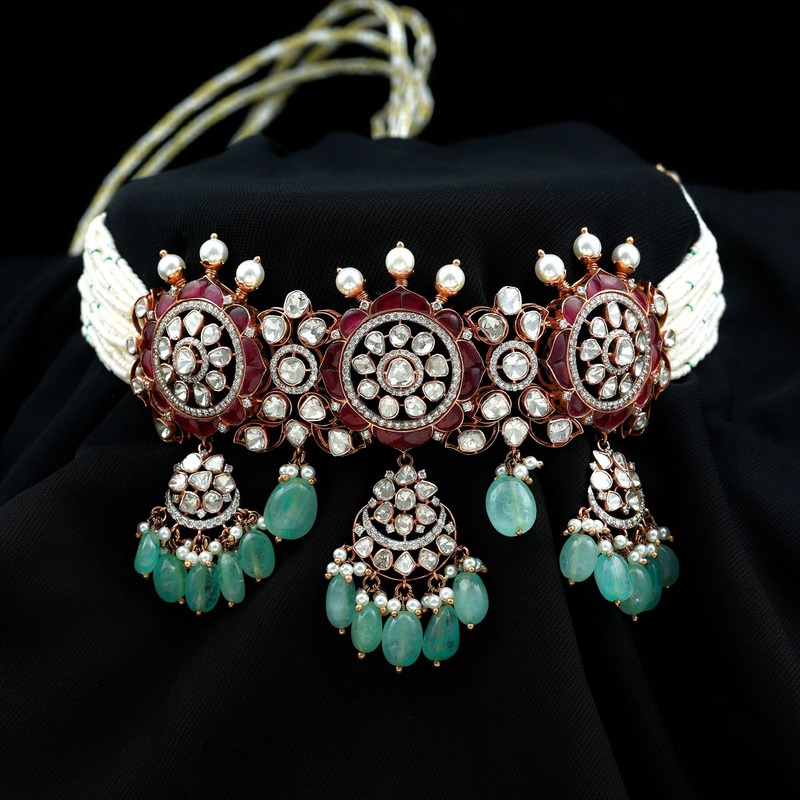 14k Gold Lab Created Ruby and Polki Diamond Traditional Indian Jadau Necklace