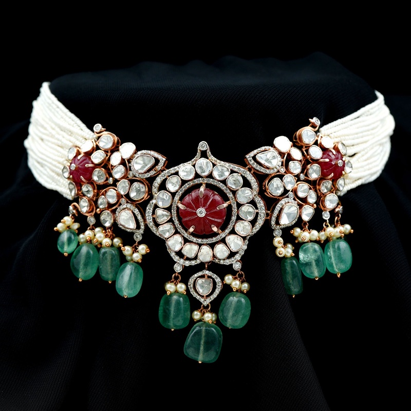 35.5 CT Created Ruby and Diamond Polki Designer Choker Necklace in Gold