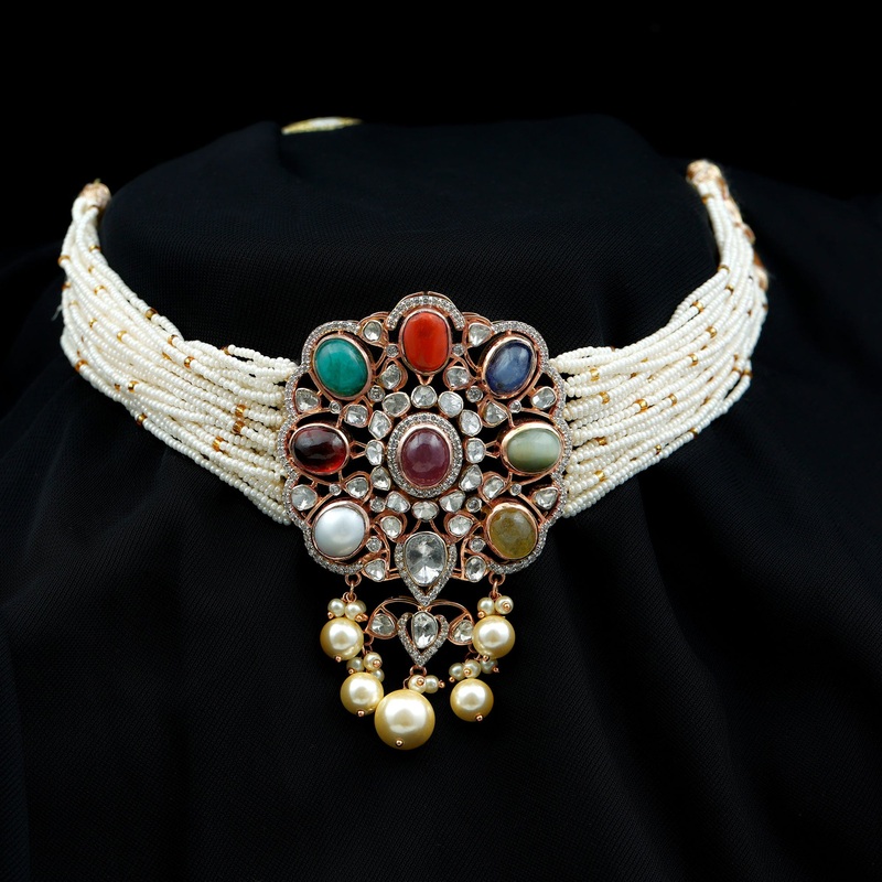 42 CT Diamond Polki Multi Gemstone Choker Necklace with Chid Bunches in Gold