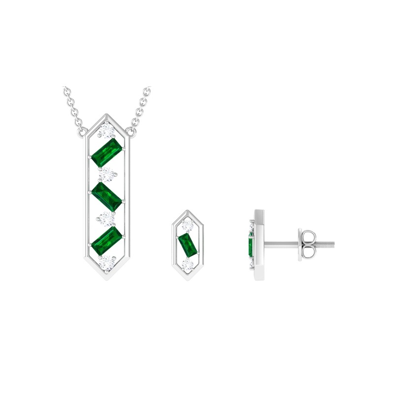 Contemporary Created Emerald and Diamond Dangle jewelry Set