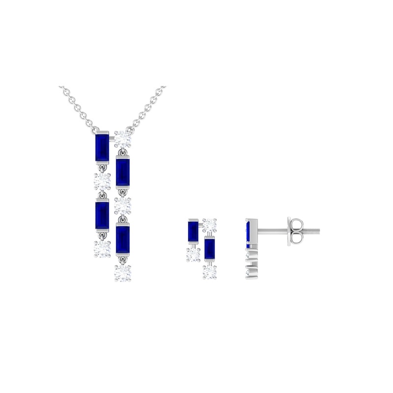 Created Blue Sapphire and Diamond Dangle Jewelry Set