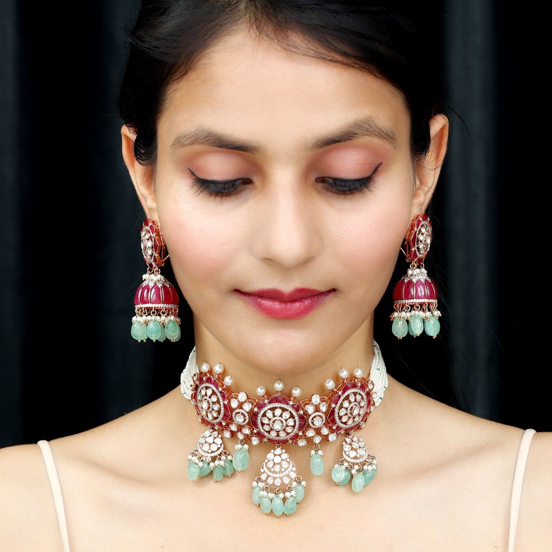 Gold and Diamond Polki Choker Necklace Set with Created Ruby Created Pearl and Beryl