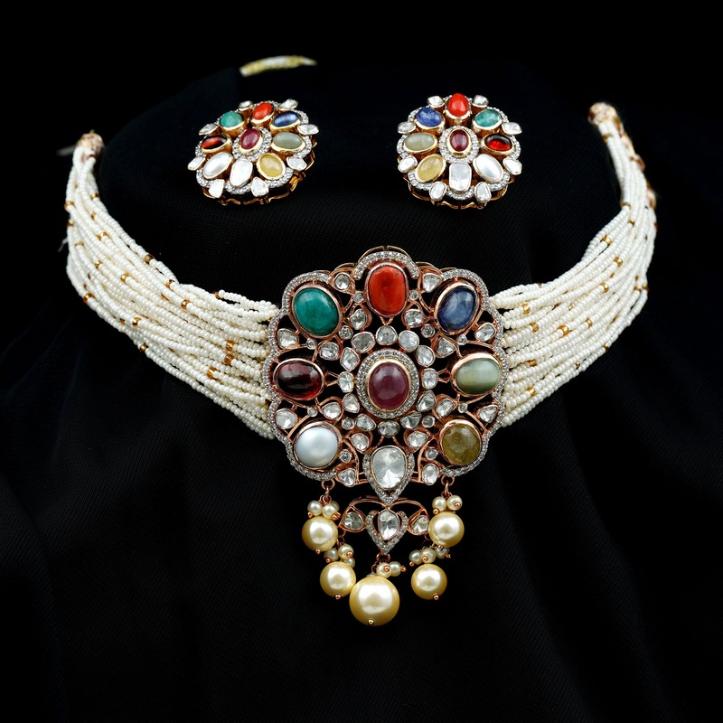 Multi Gemstone Polki Jewelry Set with Diamond and Pearl