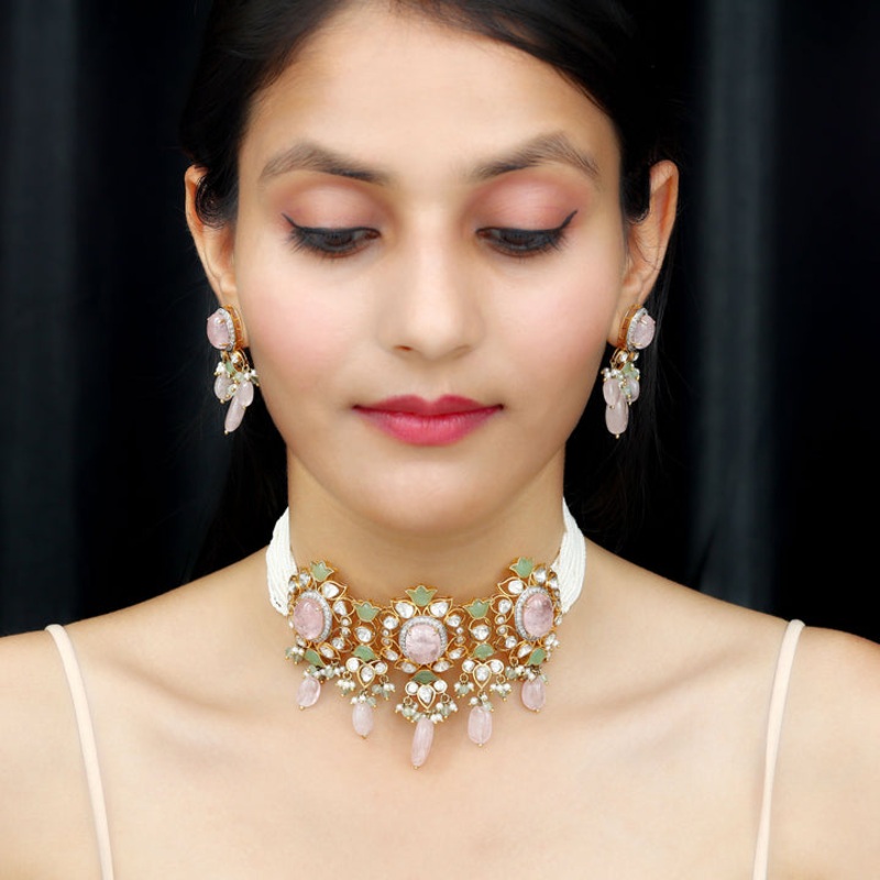 Pink Morganite and Diamond Polki Indian Bridal Jewelry Set with Created Emerald and Pearl