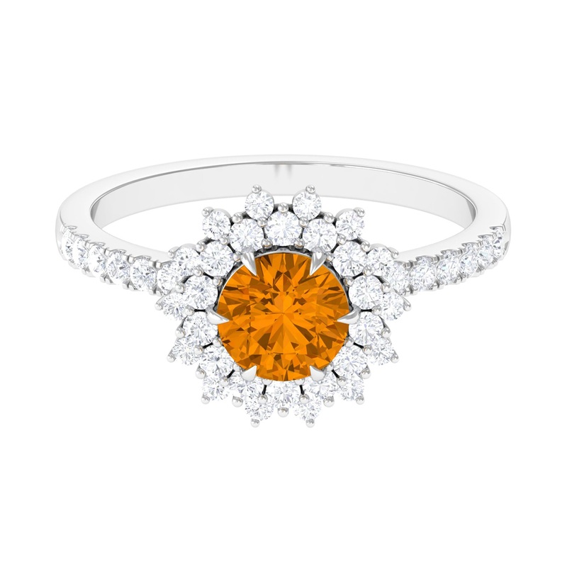 Round Citrine Statement Engagement Ring with Moissanite Cluster Halo
