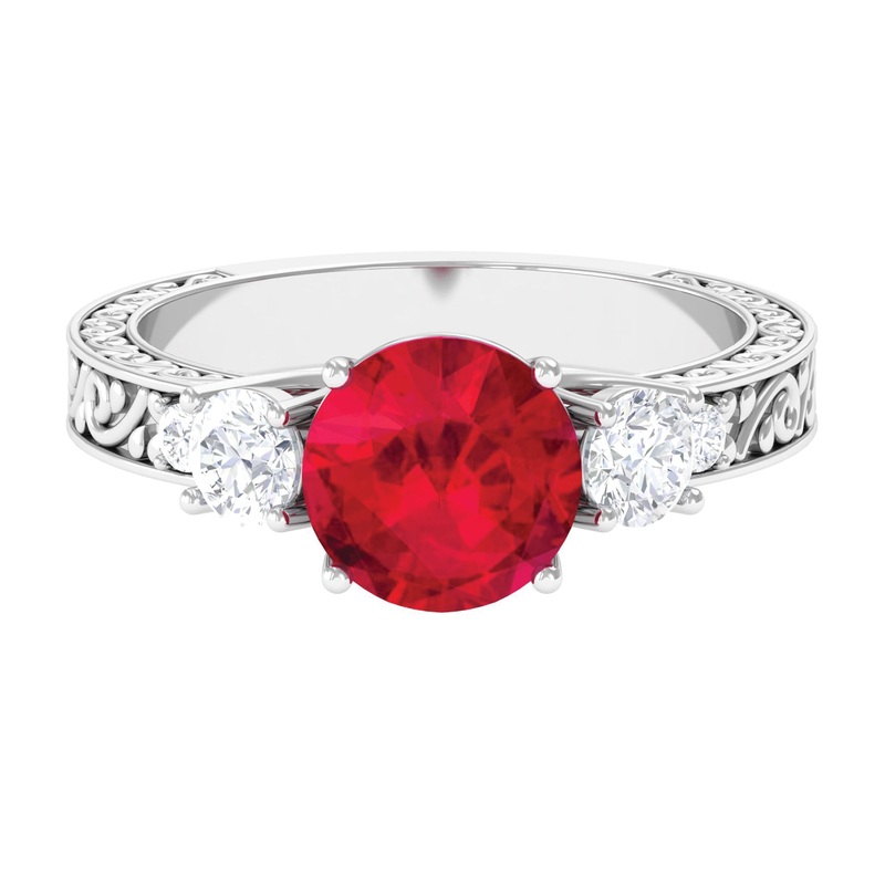 Round Created Ruby and Moissanite Art Deco Engagement Ring in Gold