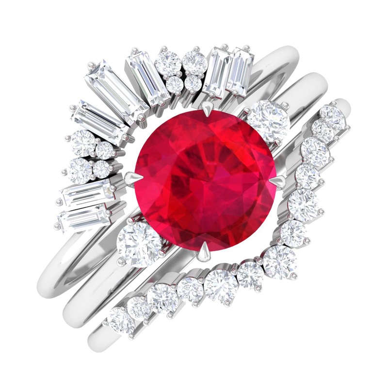 Round Created Ruby Designer Trio Wedding Ring Set with Diamond