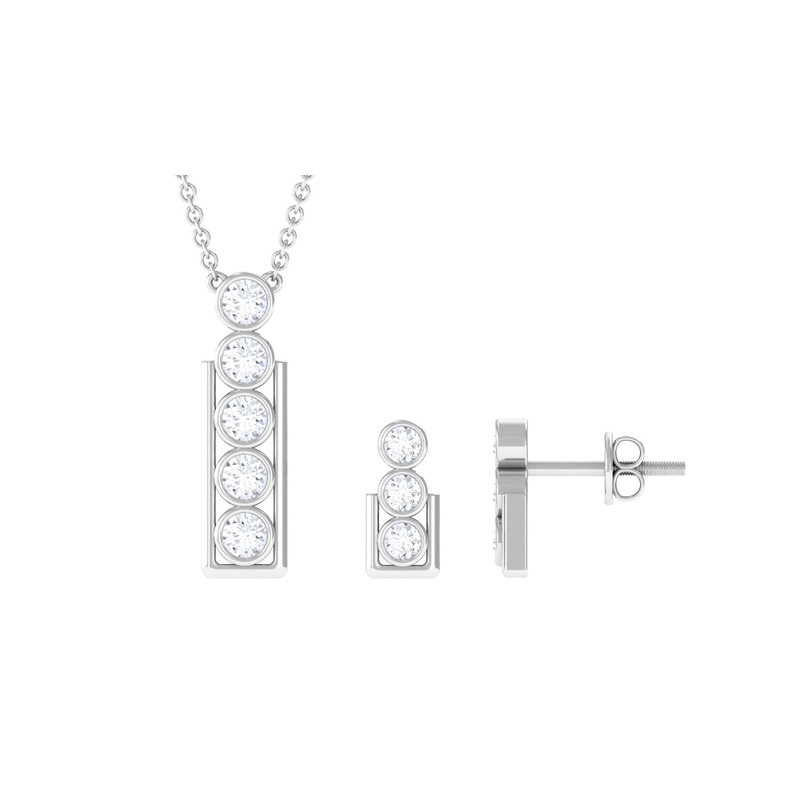 Round Diamond Gold Bar Pendant Earring Set in Bezel Setting