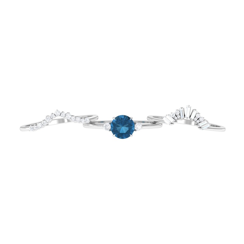Round London Blue Topaz Designer Trio Wedding Ring Set with Diamond
