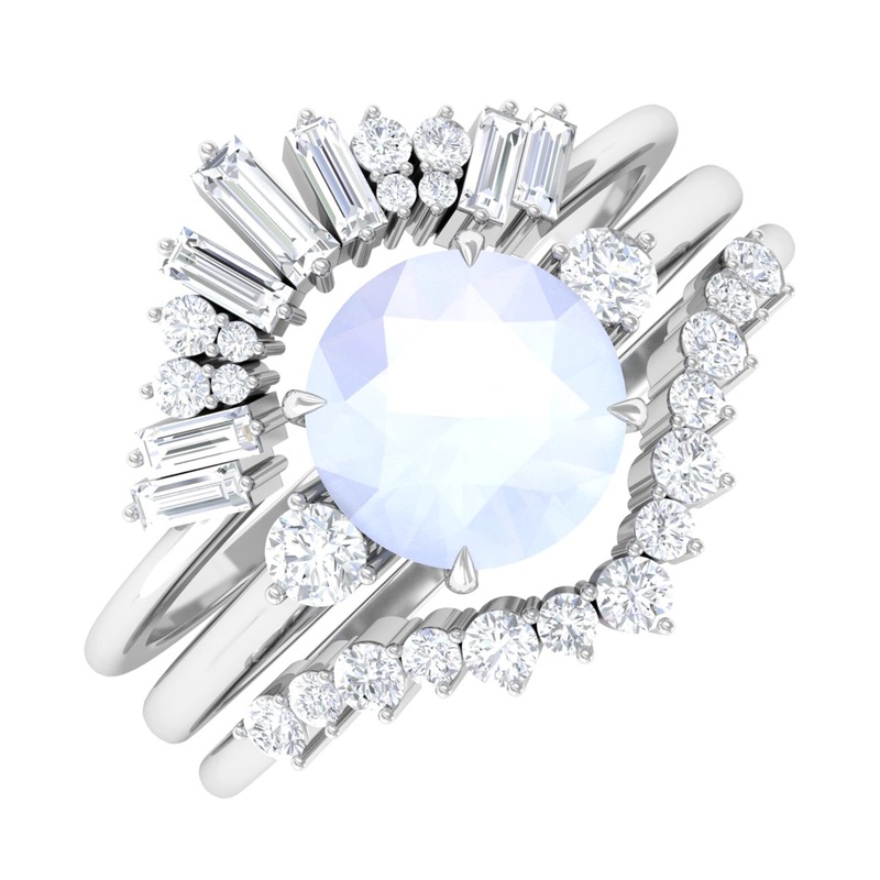 Round Moonstone Designer Trio Wedding Ring Set with Diamond