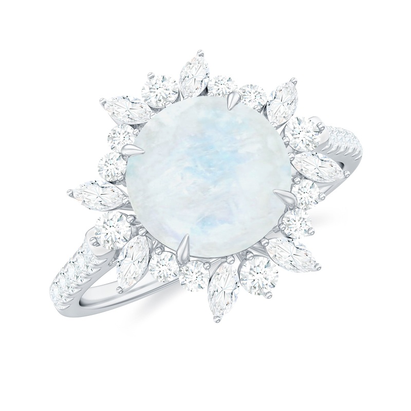 Round Moonstone Statement Ring with Moissanite Floral Halo