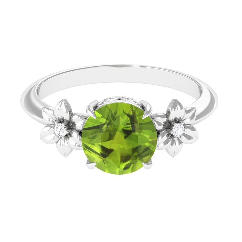 Round Peridot Solitaire Flower Engagement Ring with Diamond