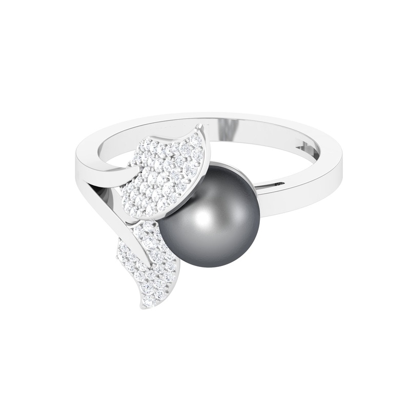 Round Tahitian Pearl and Diamond Leaf Engagement Ring