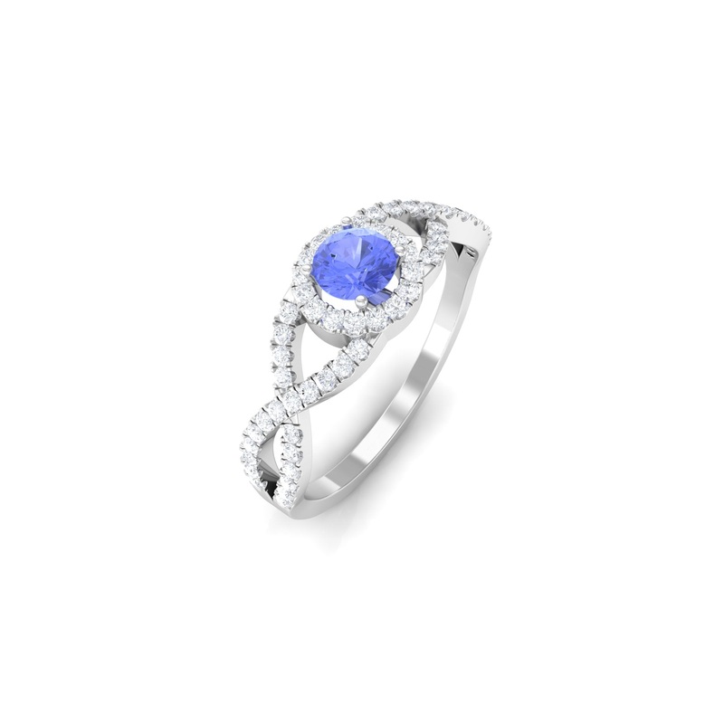 Round Tanzanite Crisscross Engagement Ring with Diamond Halo