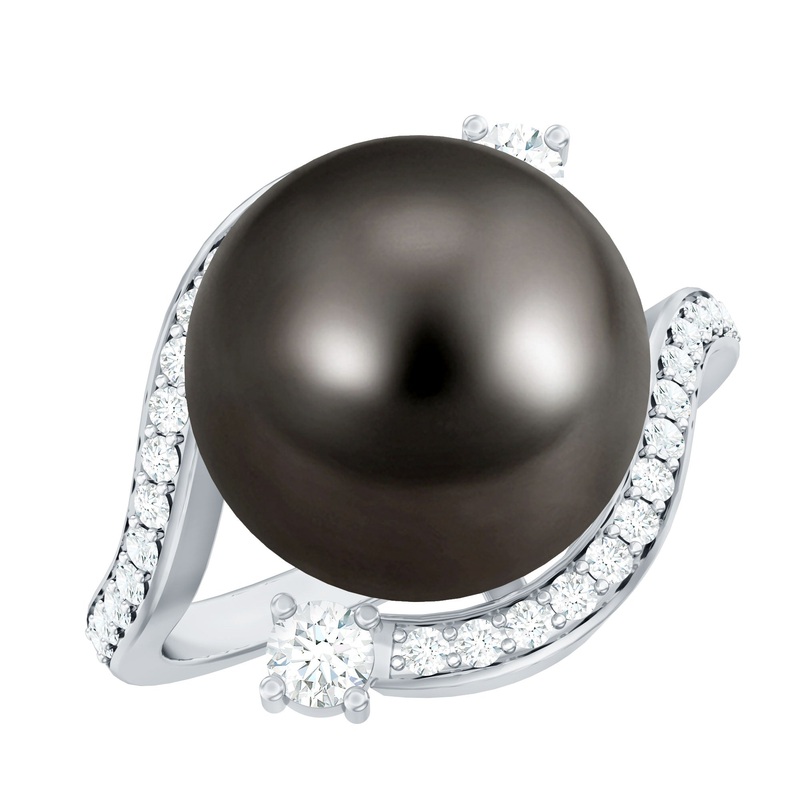 Solitaire Black Tahitian Pearl Bypass Engagement Ring with Diamond