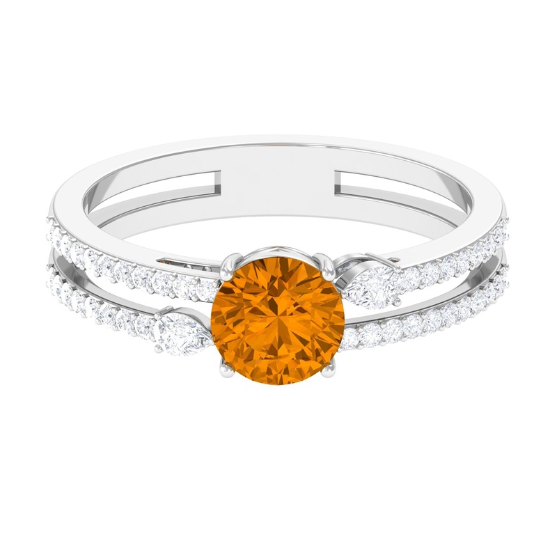 Solitaire Citrine Double Band Engagement Ring with Diamond