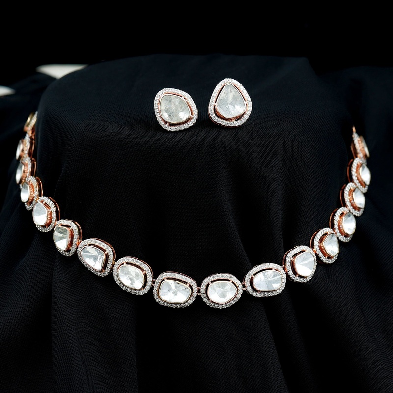 Uncut Polki Diamond Necklace and Earrings in 14k Gold