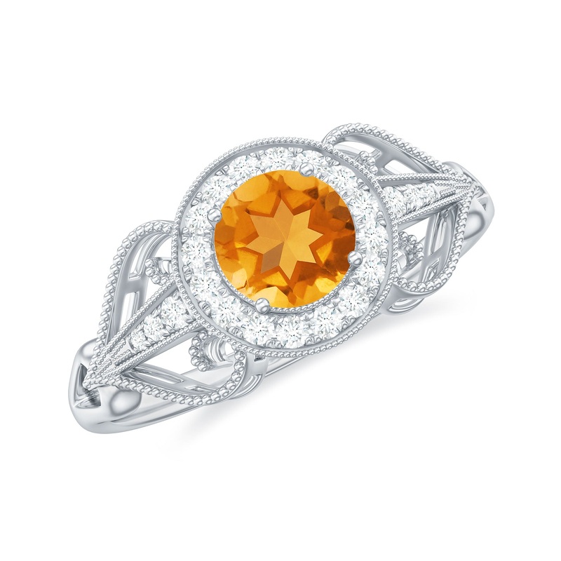 Vintage Citrine Diamond Engagement Ring with Beaded Detail
