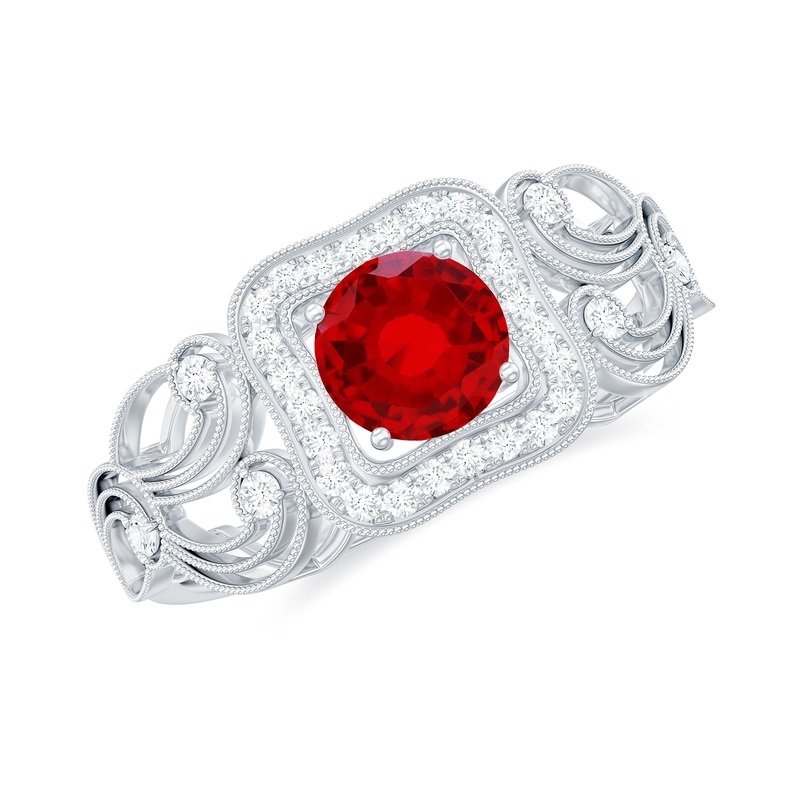 Vintage Created Ruby and Diamond Milgrain Engagement Ring